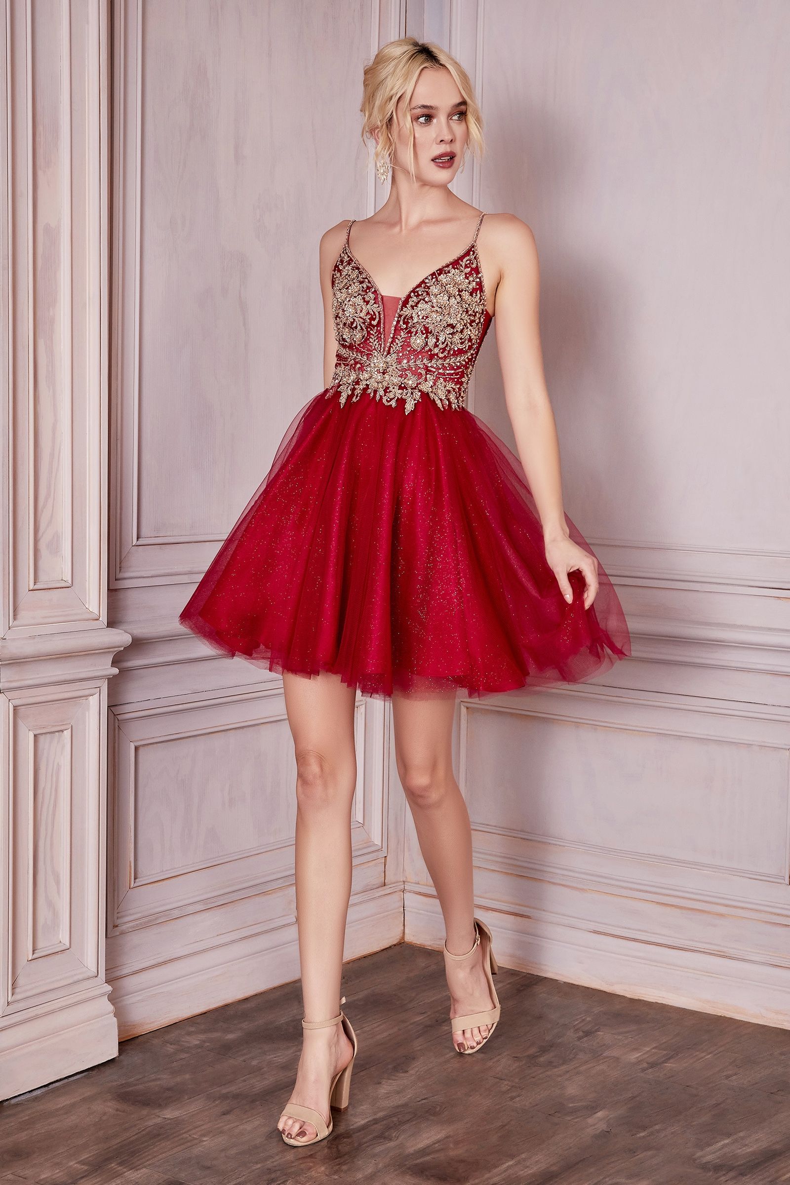 Blush, Burgundy, Sky Blue Floral Appliqué Glitter Tulle Short Dress  CDCD0190