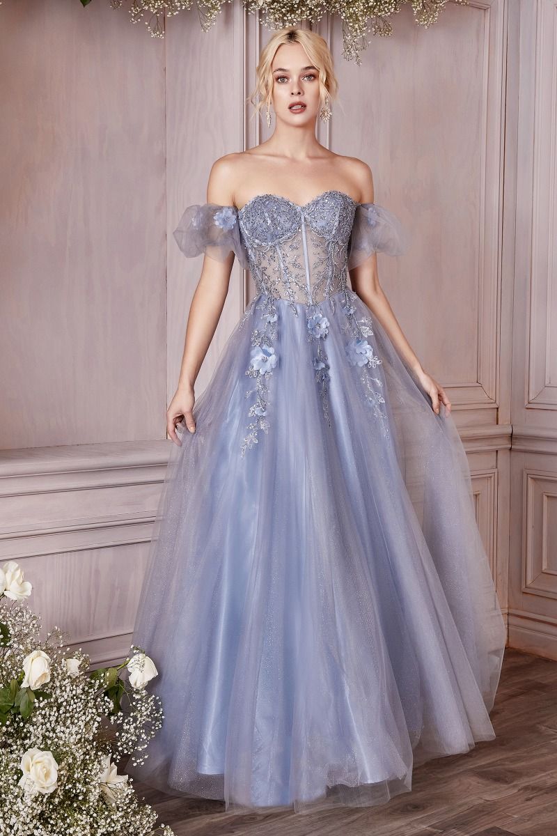 Dusty Blue, Champagne Off-Shoulder Floral Corset Tulle Ball Gown CDCD0191