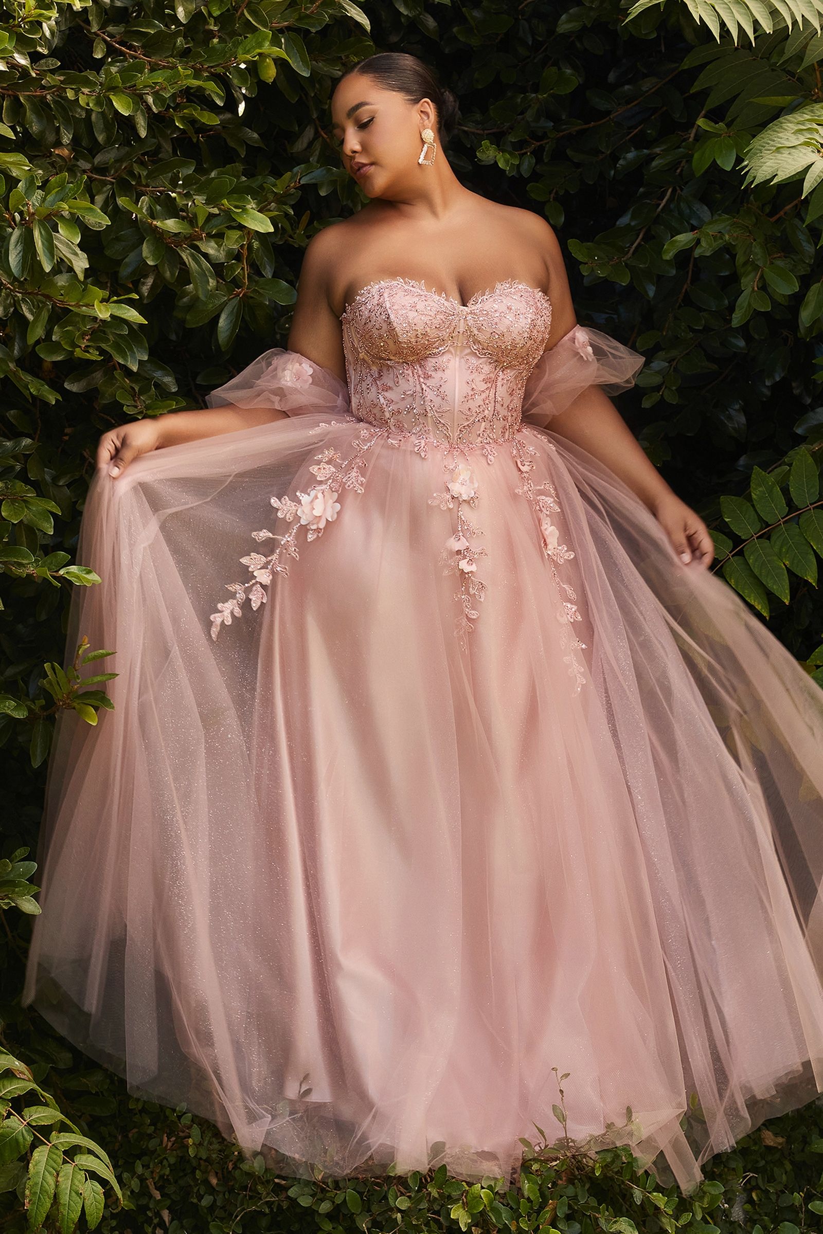 Blush & Burgundy Plus Size Tulle Ball Gown | Floral Appliqué Strapless Dress with Off-Shoulder Sleeves  CDCD0191C