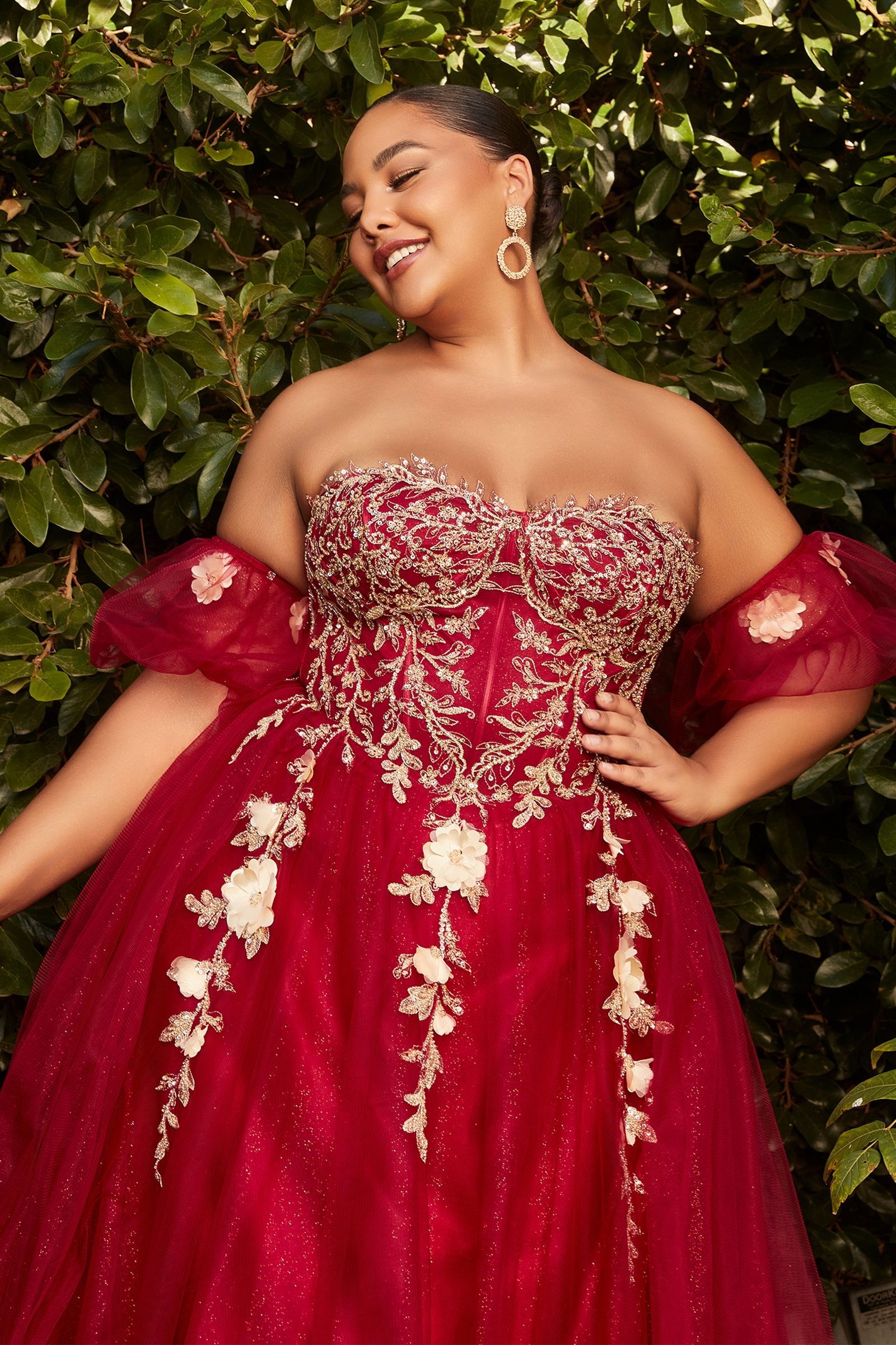 Blush & Burgundy Plus Size Tulle Ball Gown | Floral Appliqué Strapless Dress with Off-Shoulder Sleeves  CDCD0191C