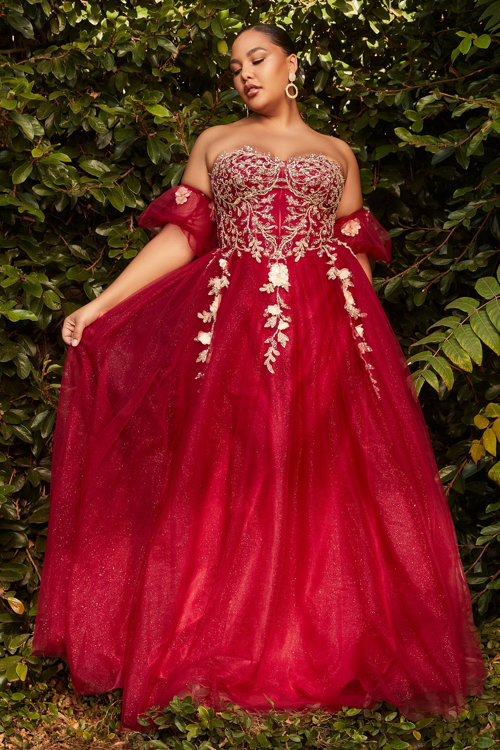 Blush & Burgundy Plus Size Tulle Ball Gown | Floral Appliqué Strapless Dress with Off-Shoulder Sleeves  CDCD0191C