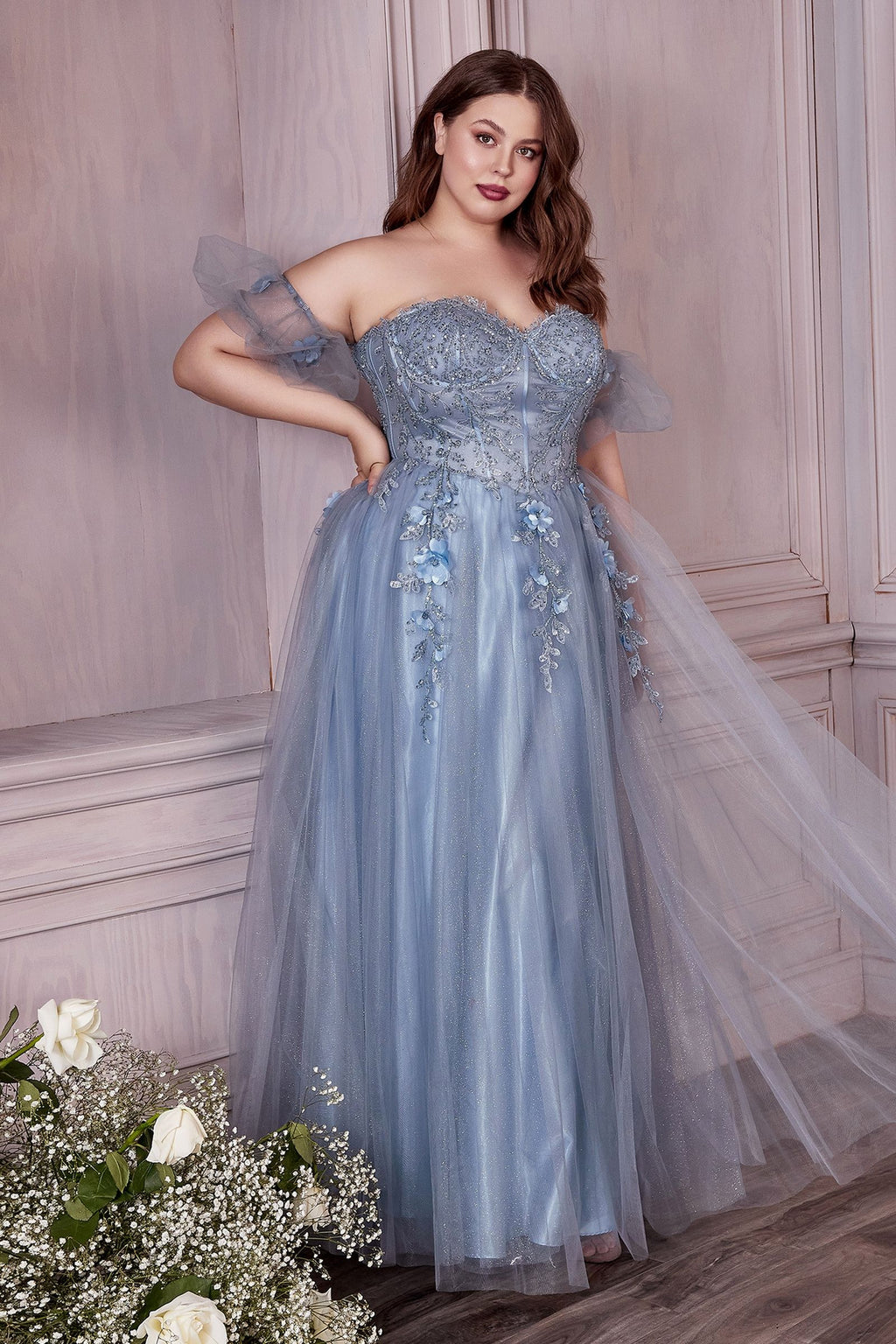 Blush & Burgundy Plus Size Tulle Ball Gown | Floral Appliqué Strapless Dress with Off-Shoulder Sleeves  CDCD0191C