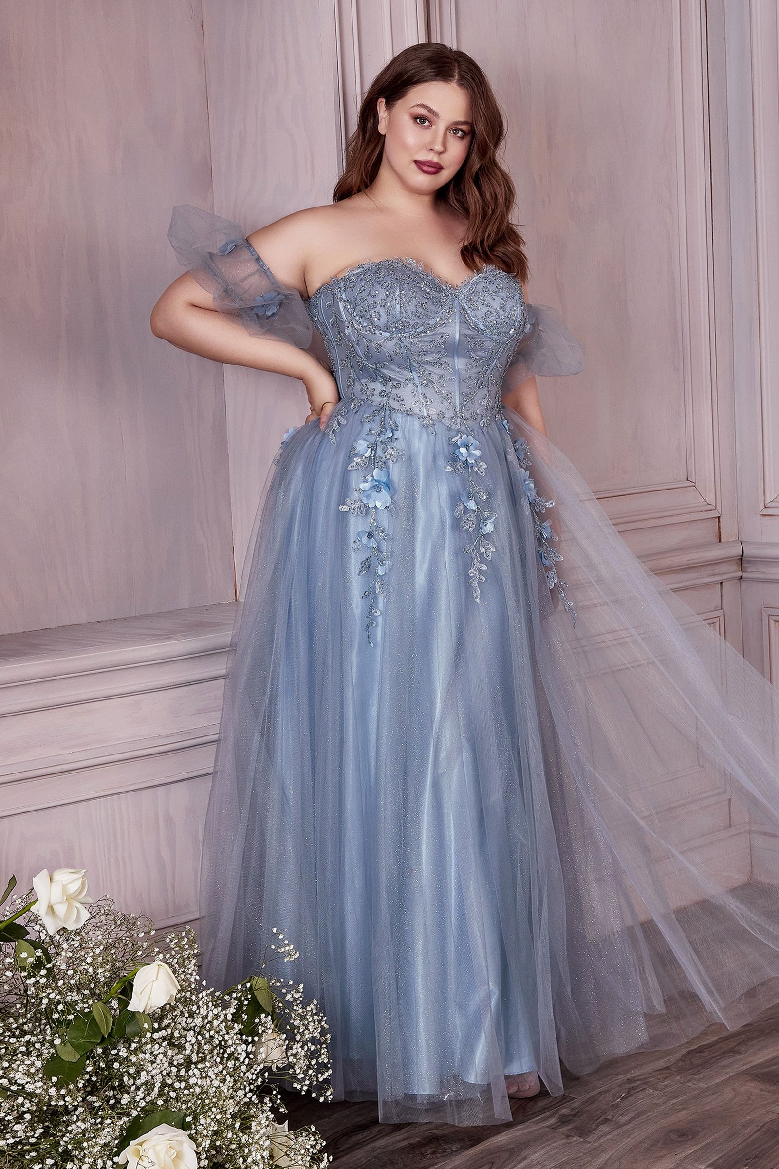 Blush & Burgundy Plus Size Tulle Ball Gown | Floral Appliqué Strapless Dress with Off-Shoulder Sleeves  CDCD0191C