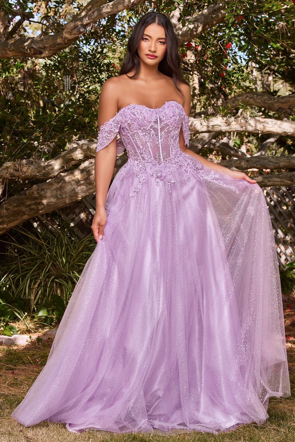 Lilac, Silver Blue, Wine Red Glitter Off Shoulder A-Line Gown with Corset Bodice  CDCD0198