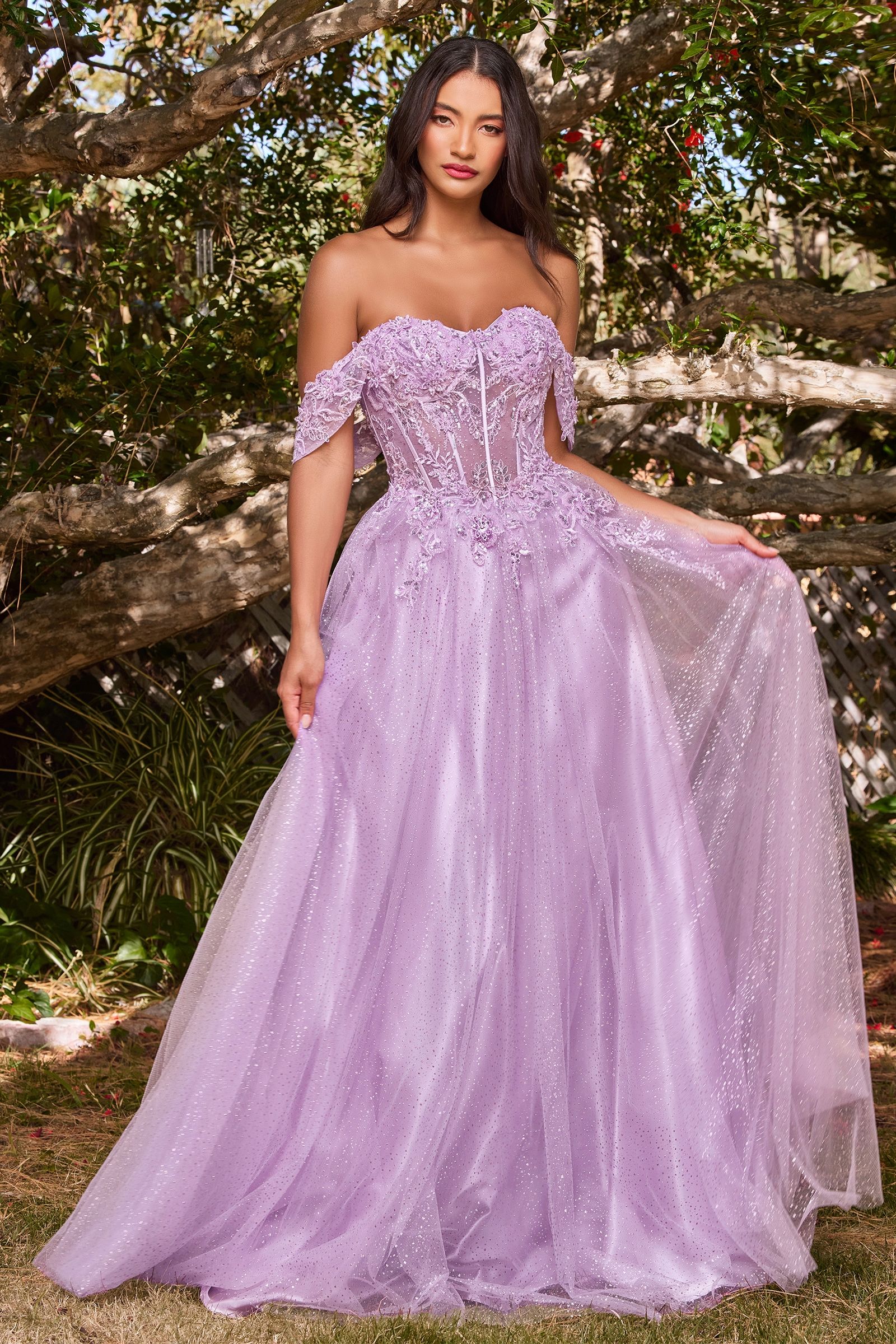 Lilac, Silver Blue, Wine Red Glitter Off Shoulder A-Line Gown with Corset Bodice  CDCD0198