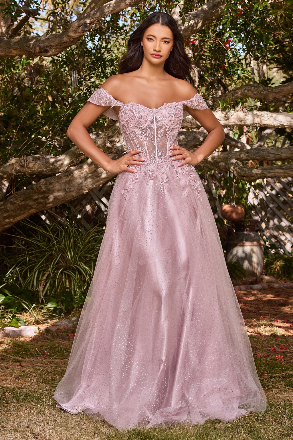 Lilac, Silver Blue, Wine Red Glitter Off Shoulder A-Line Gown with Corset Bodice  CDCD0198