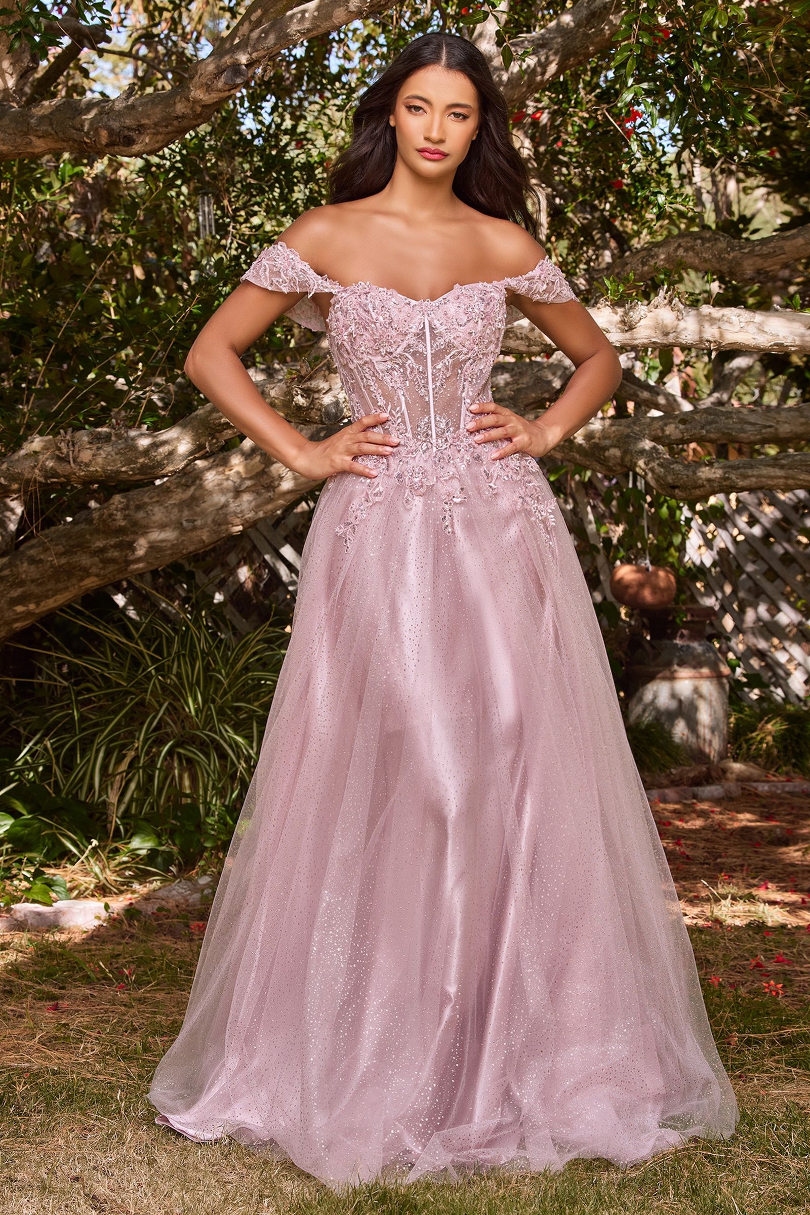 Lilac, Silver Blue, Wine Red Glitter Off Shoulder A-Line Gown with Corset Bodice  CDCD0198