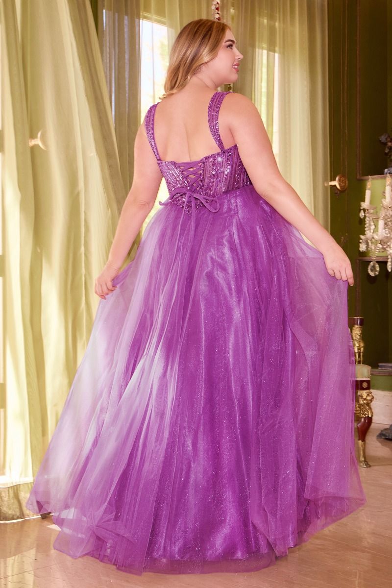 Blue, Gold & Purple Plus Size Glitter Corset Ball Gown | Sparkly Tulle Formal Dress with Straps  CDCD0217C