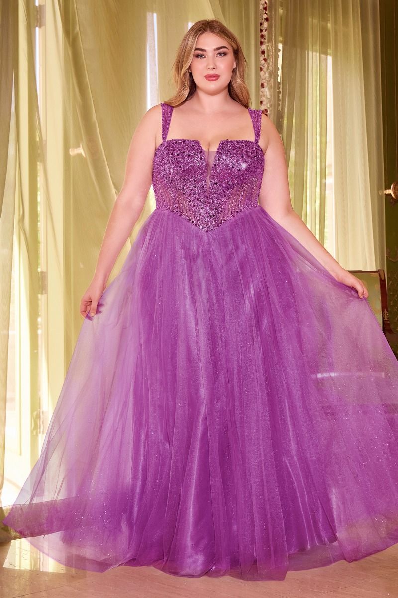 Blue, Gold & Purple Plus Size Glitter Corset Ball Gown | Sparkly Tulle Formal Dress with Straps  CDCD0217C