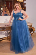 Blue, Gold & Purple Plus Size Glitter Corset Ball Gown | Sparkly Tulle Formal Dress with Straps  CDCD0217C