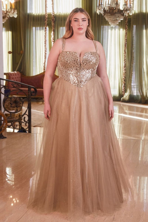 Blue, Gold & Purple Plus Size Glitter Corset Ball Gown | Sparkly Tulle Formal Dress with Straps  CDCD0217C