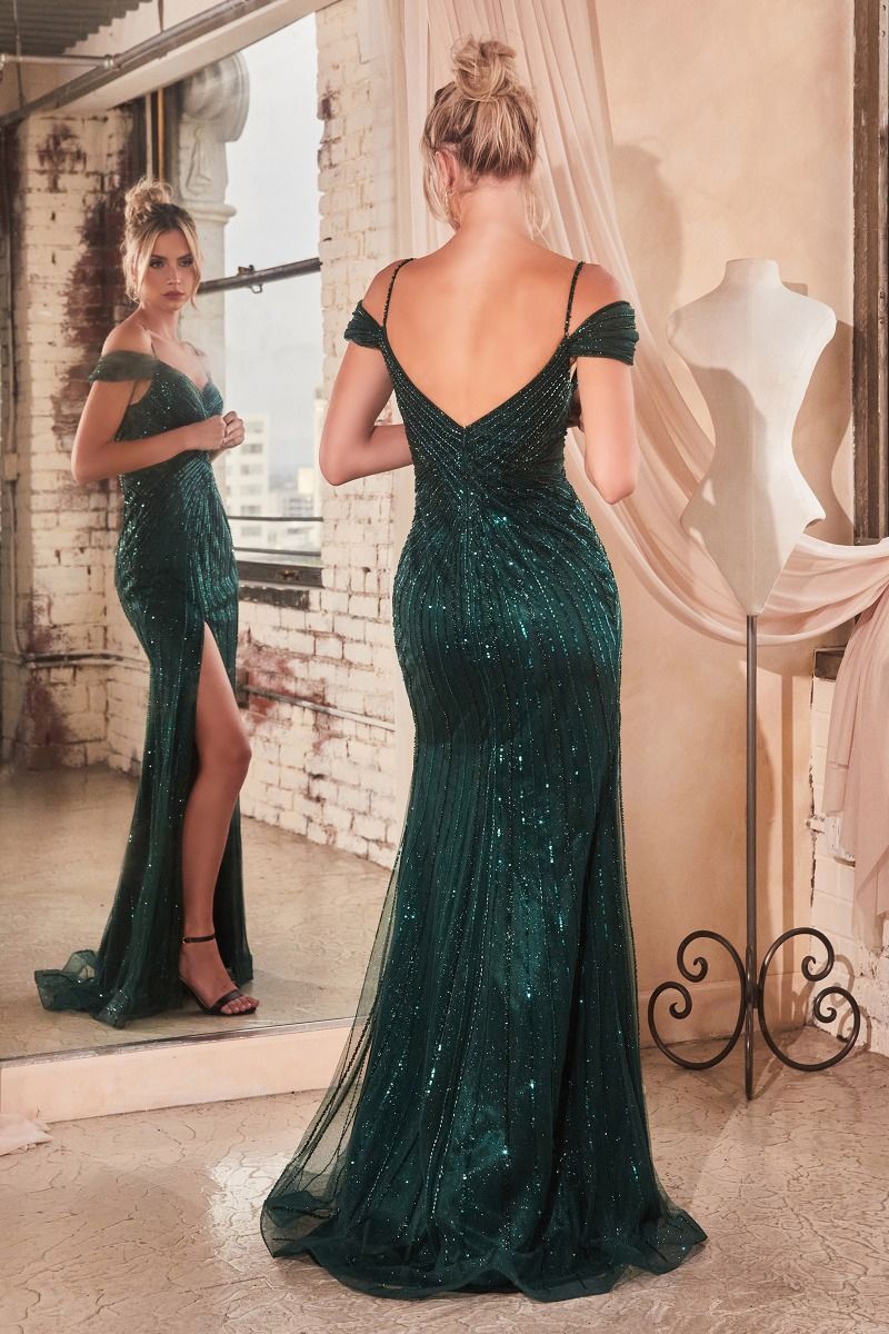 Off Shoulder Fitted Embellished Sequin Open Back Long Prom Dress CDCD0219