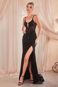 Sequin Fitted Side Slit Sheer Bodice Straps Long Evening Dress CDCD0220