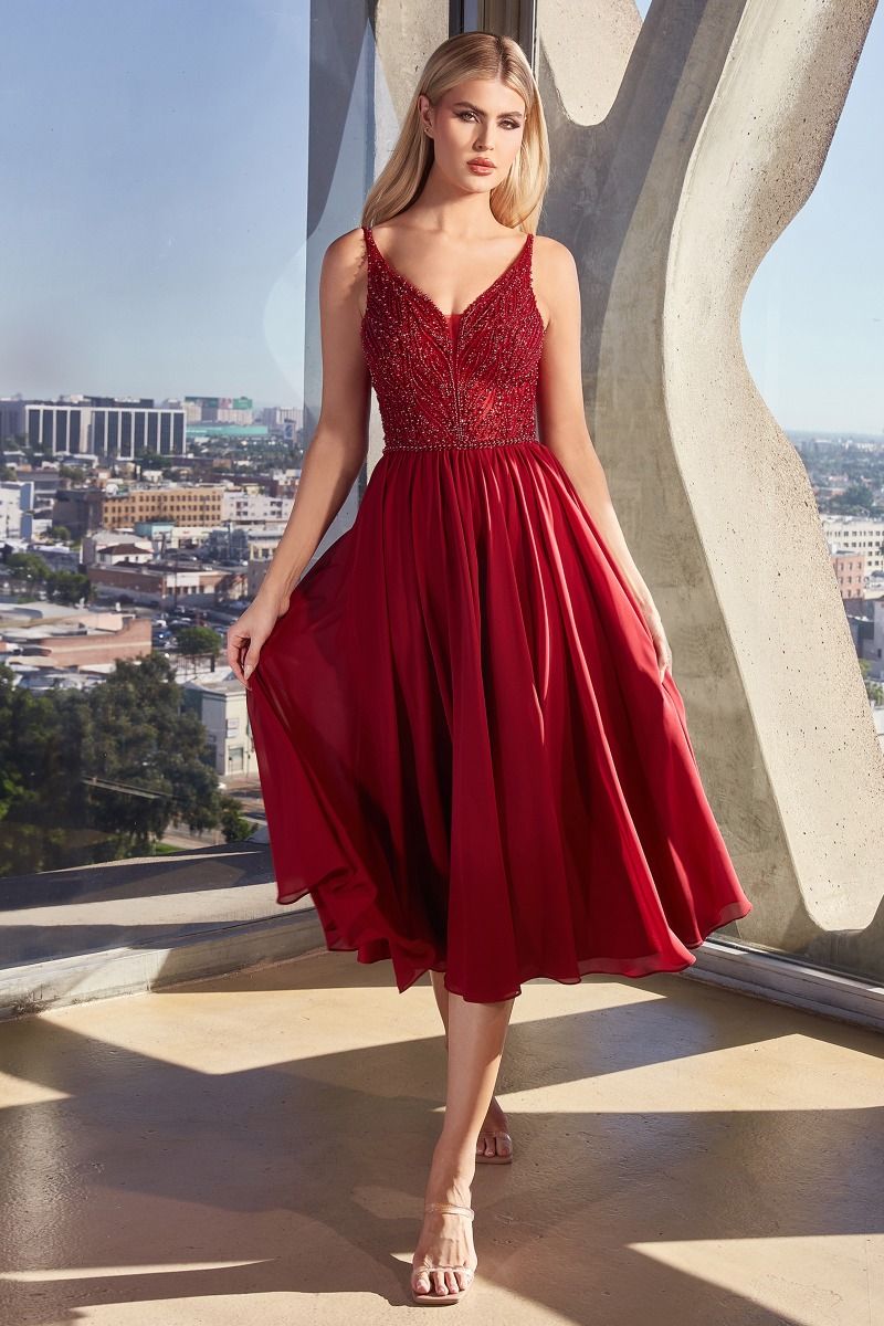 Wine Red, Slate Blue, Black | Beaded V-Neck Midi Dress with Flowing Chiffon Skirt  CDCD0225