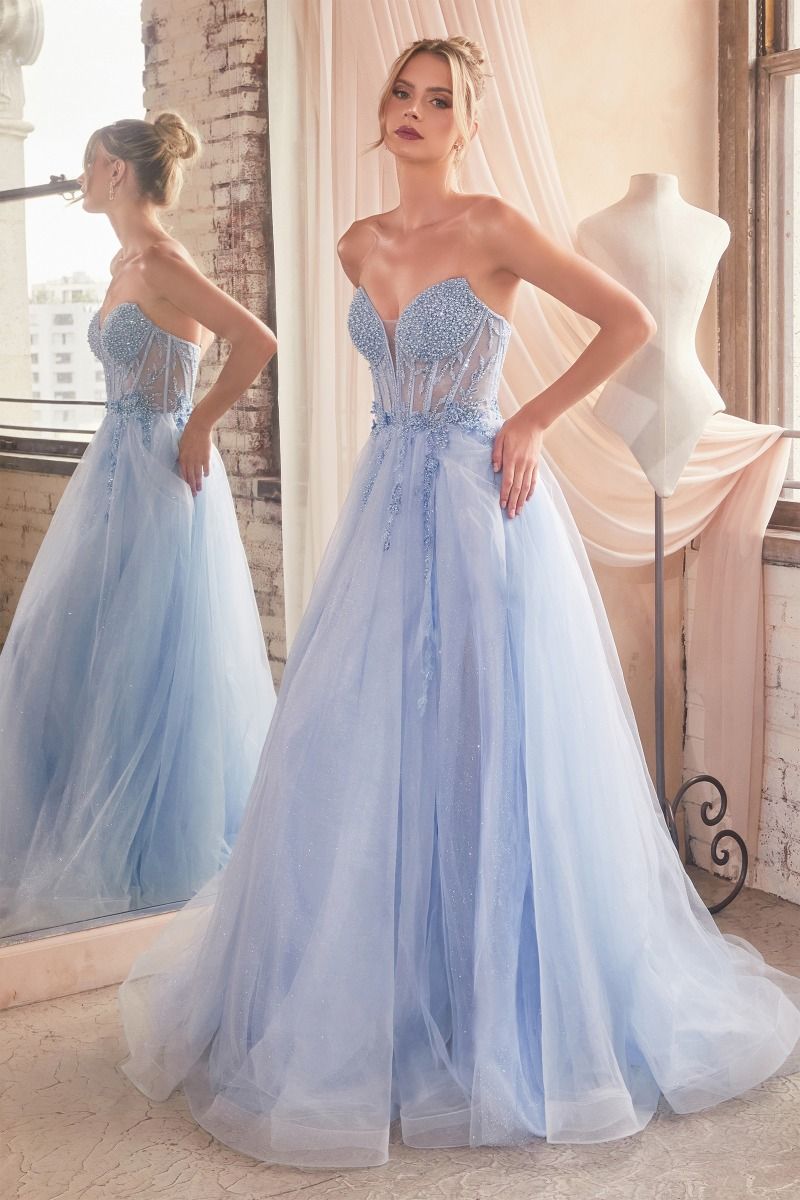 Strapless Layered Tulle Side Slit Sheer Bodice Long Prom Dress CDCD0230