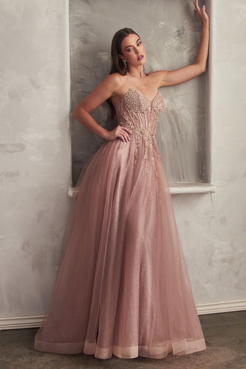 Strapless Layered Tulle Side Slit Sheer Bodice Long Prom Dress CDCD0230