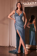 Dusty Blue, Red | Embellished Corset Satin Gown with Sweetheart Neckline & Thigh-High Slit  CDCD0231