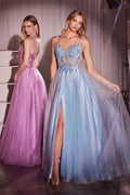 Ice Blue, Green, Red Appliqué Tulle Gown with Slit and Sheer Corset Bodice CDCD0234