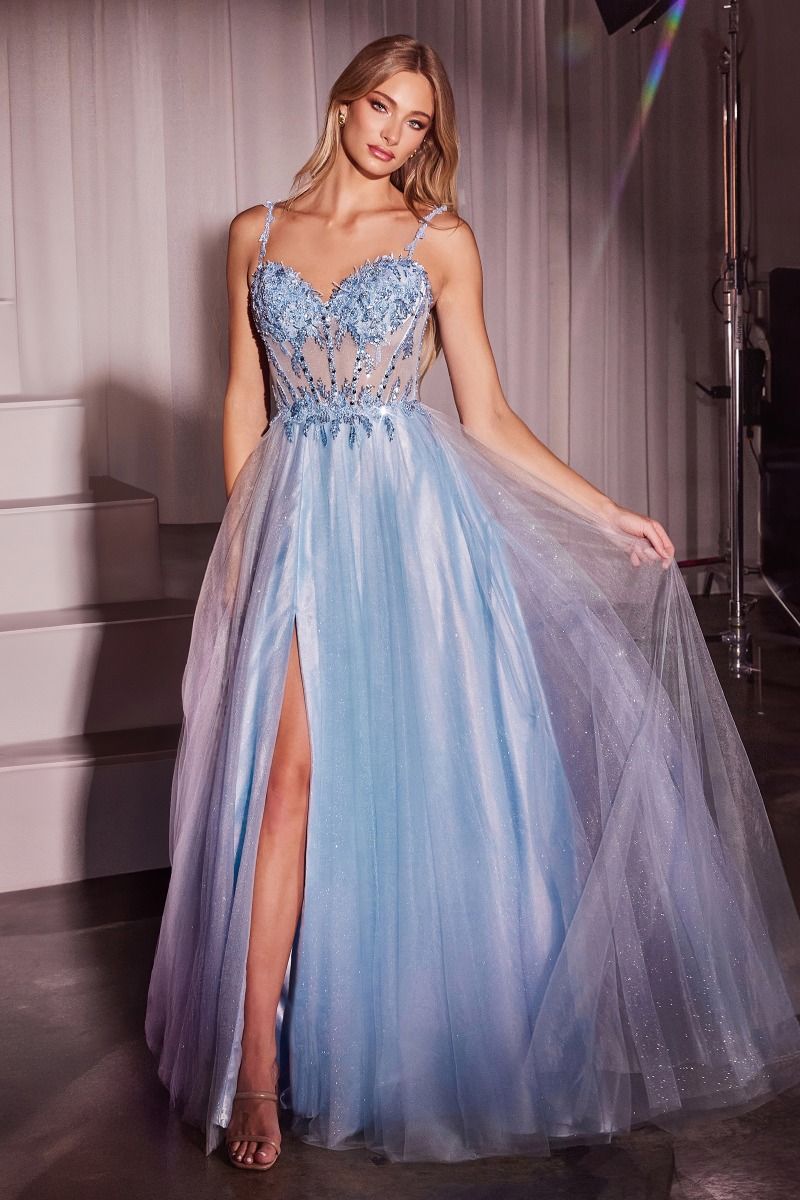 Ice Blue, Green, Red Appliqué Tulle Gown with Slit and Sheer Corset Bodice CDCD0234