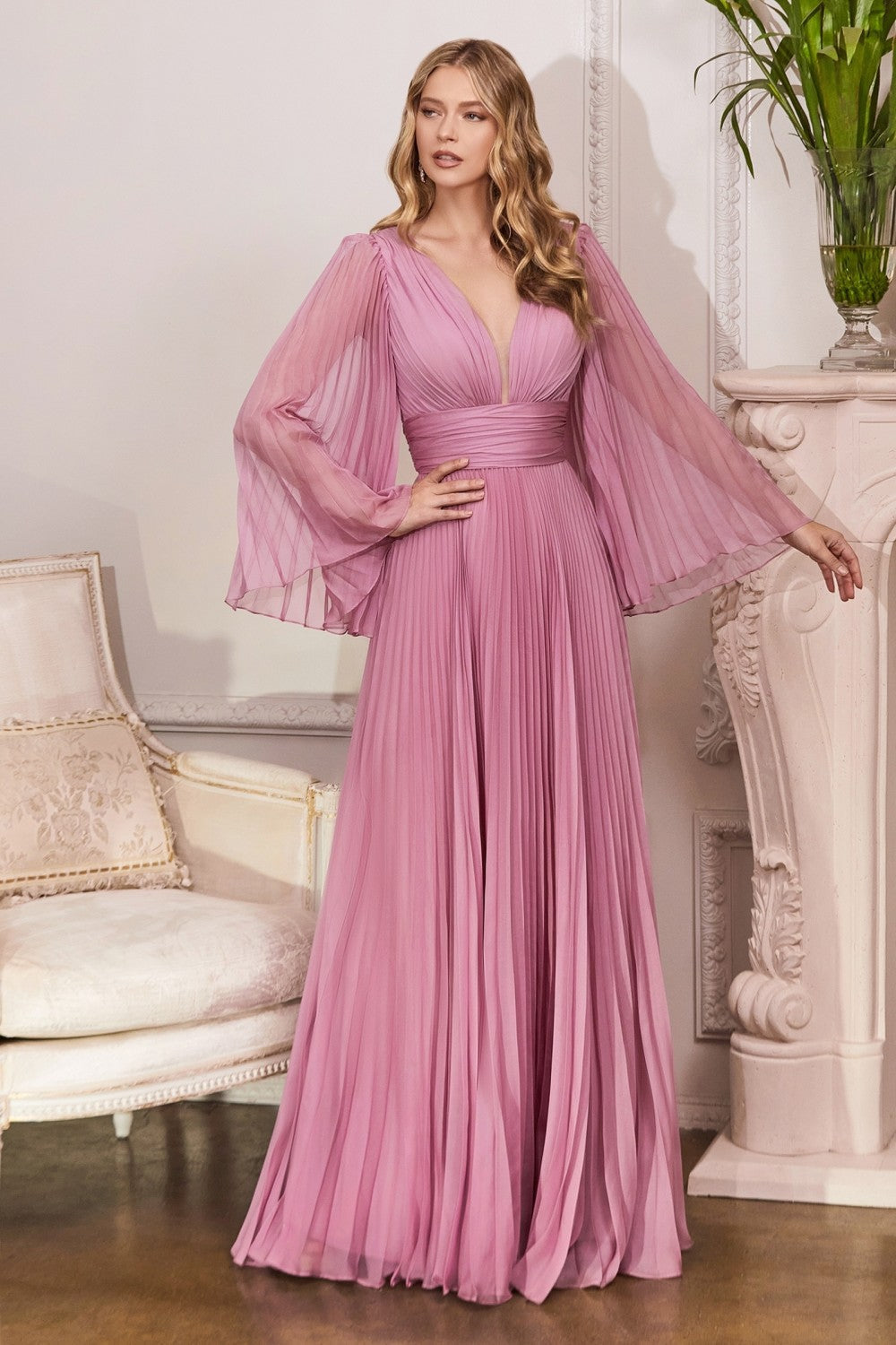 Pleated Chiffon Deep v-neck Open Back and Covered Shoulders Long Mother of the Bride Dress CDCD242 Sale