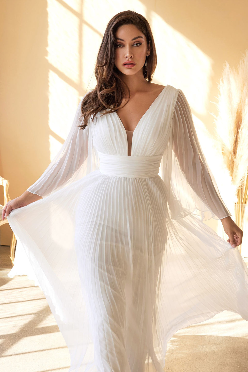 Elegant Pleated Chiffon Long-Sleeved Wedding Gown CDCD242W
