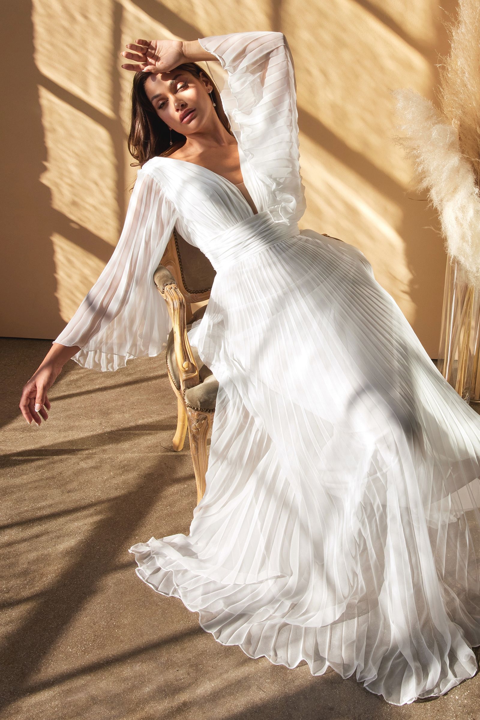 Elegant Pleated Chiffon Long-Sleeved Wedding Gown CDCD242W