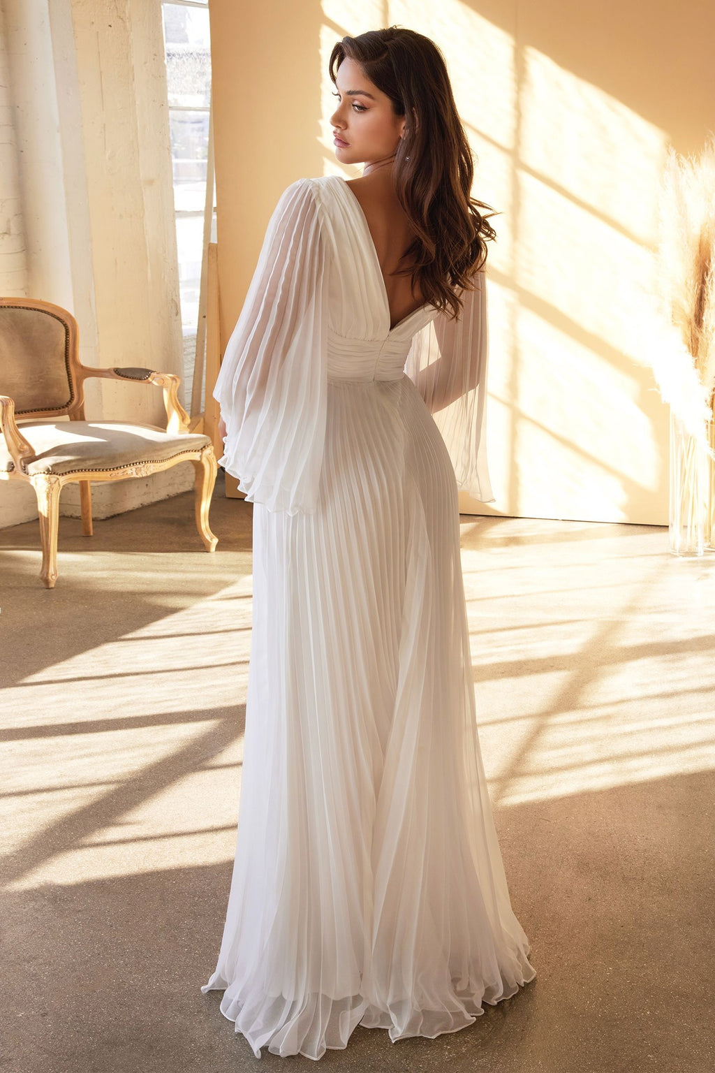 Elegant Pleated Chiffon Long-Sleeved Wedding Gown CDCD242W