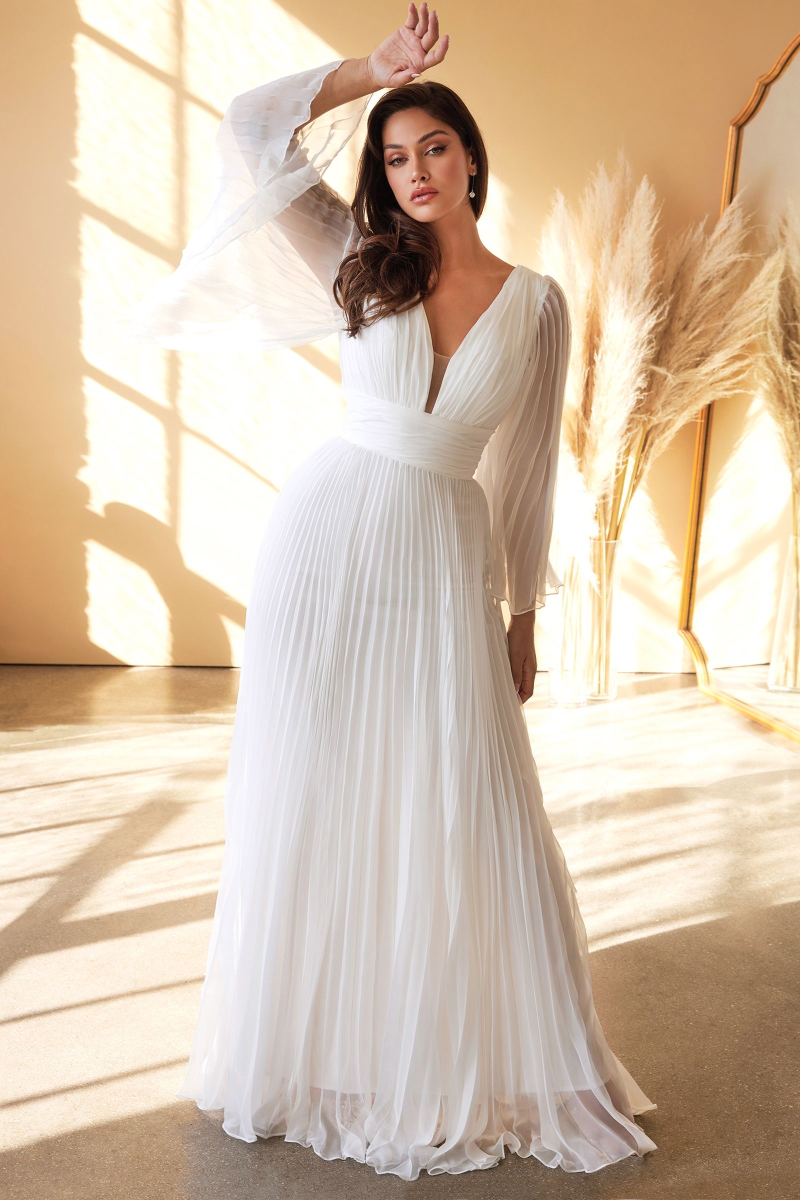 Elegant Pleated Chiffon Long-Sleeved Wedding Gown CDCD242W