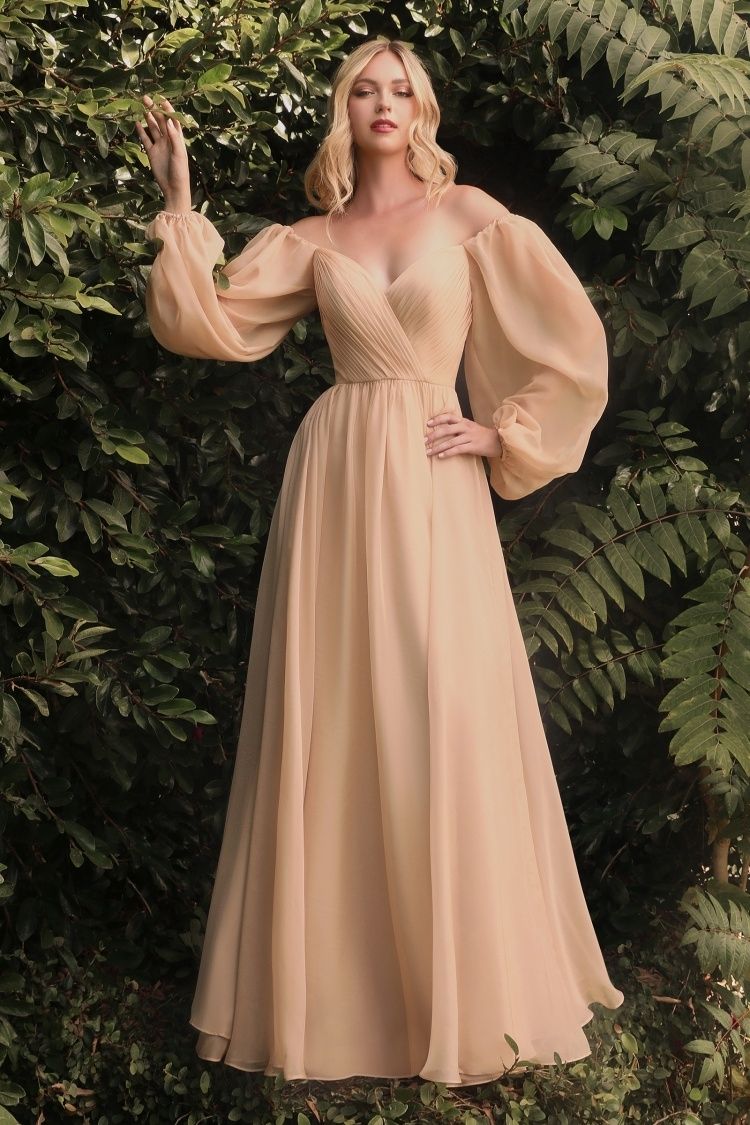 Off-Shoulder Chiffon A-Line Gown with Bishop Sleeves – Romantic Formal Dress with Sweetheart Neckline  CDCD243