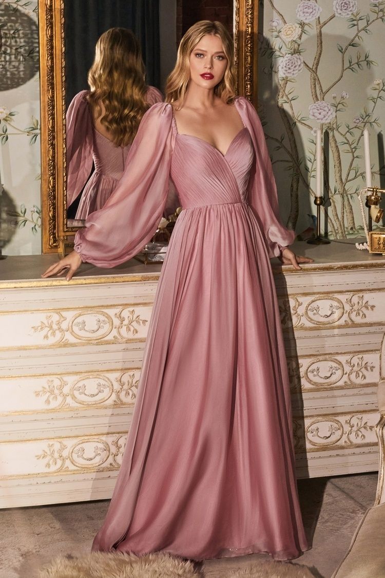 Off-Shoulder Chiffon A-Line Gown with Bishop Sleeves – Romantic Formal Dress with Sweetheart Neckline  CDCD243