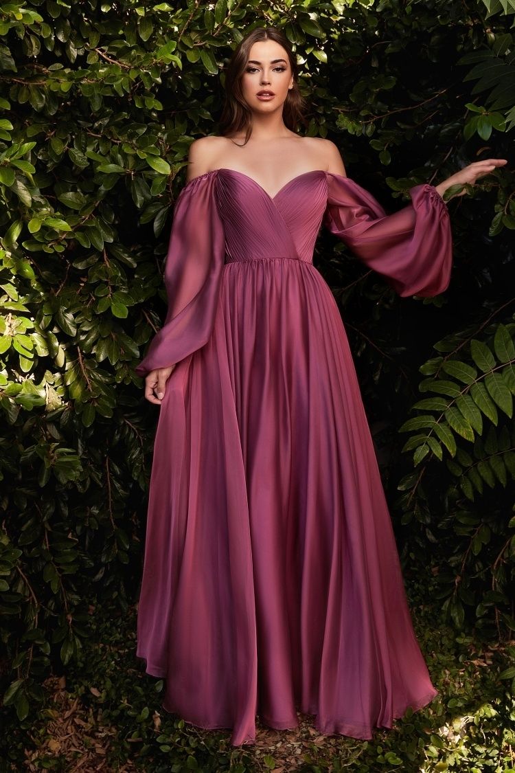 Off-Shoulder Chiffon A-Line Gown with Bishop Sleeves – Romantic Formal Dress with Sweetheart Neckline  CDCD243