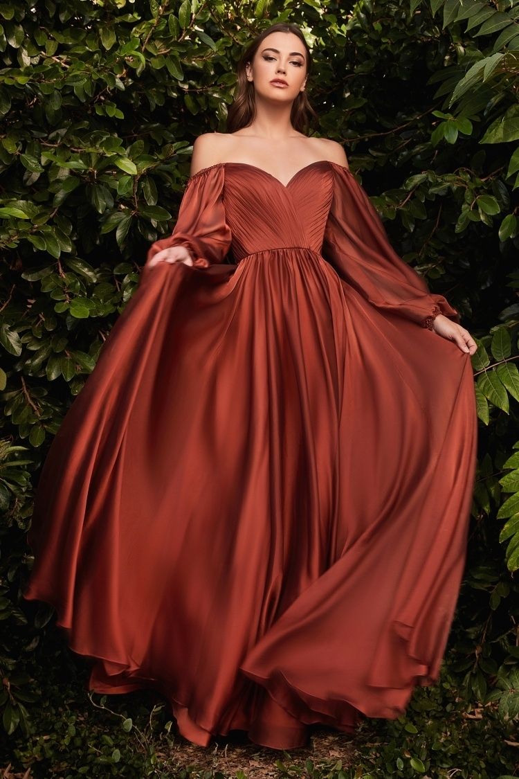 Off-Shoulder Chiffon A-Line Gown with Bishop Sleeves – Romantic Formal Dress with Sweetheart Neckline  CDCD243