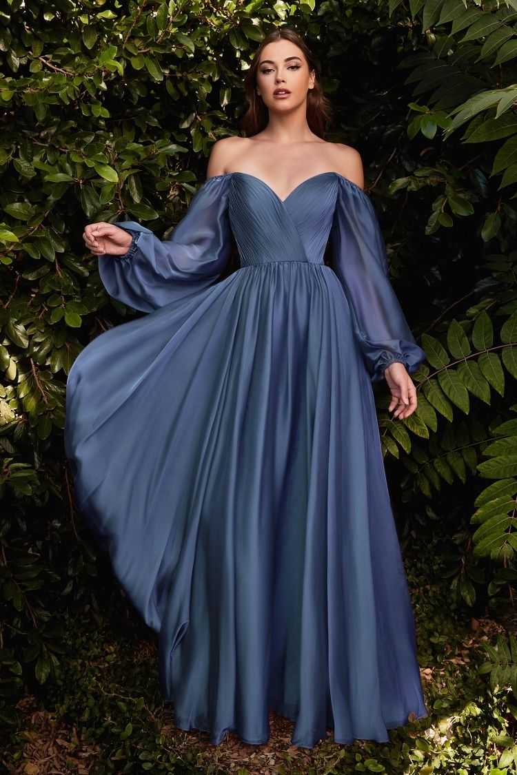 Off-Shoulder Chiffon A-Line Gown with Bishop Sleeves – Romantic Formal Dress with Sweetheart Neckline  CDCD243