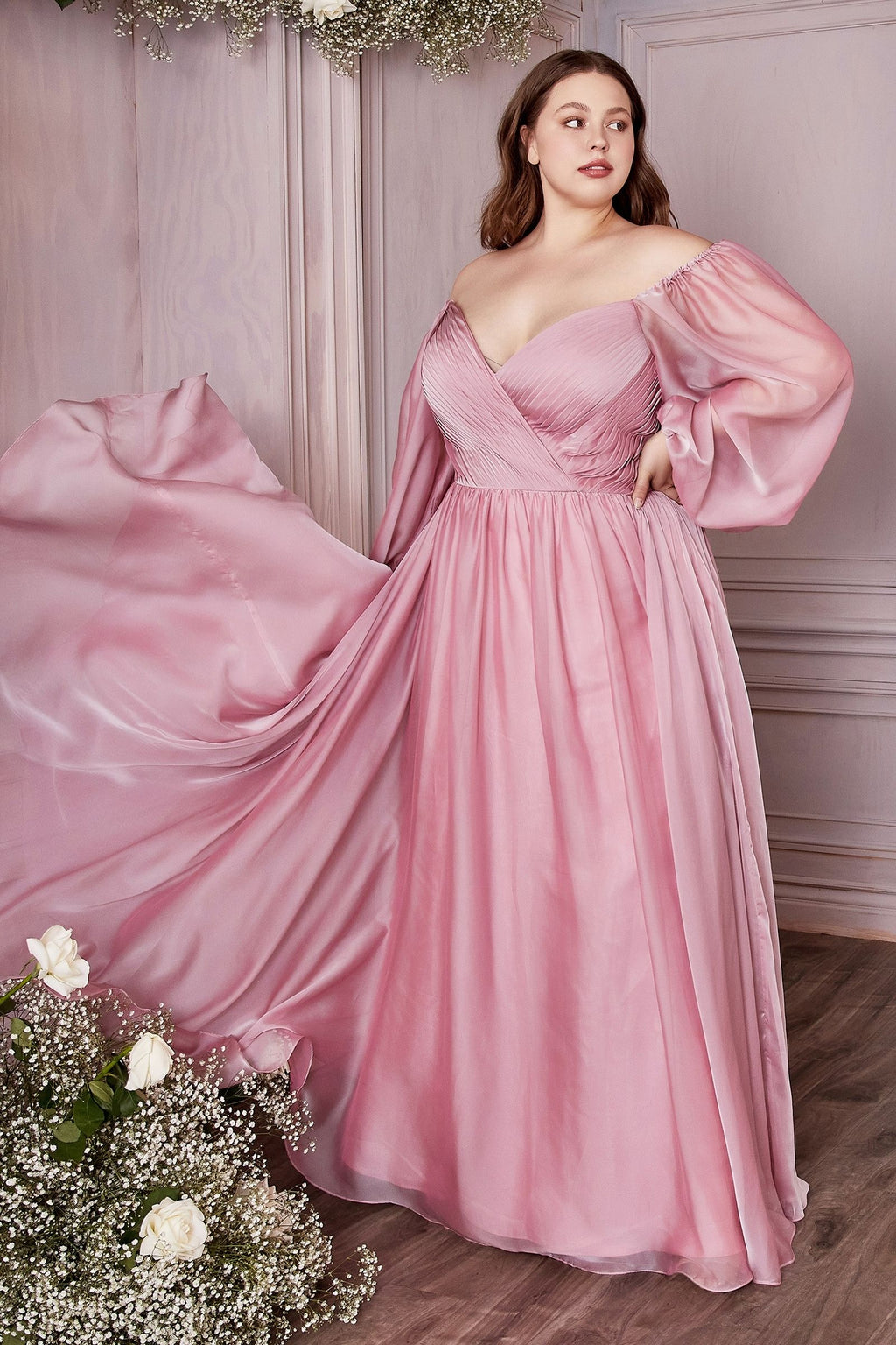 Plus Size Off-Shoulder Satin Gown with Bishop Sleeves – Romantic A-Line Formal Dress CDCD243C