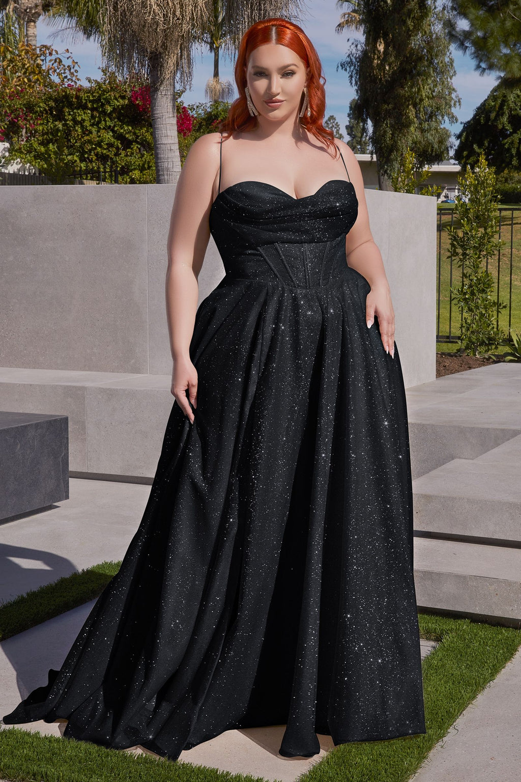 Plus Size Glitter Corset A-Line Gown – Sparkly Sweetheart Formal Dress with Pockets   CDCD252C