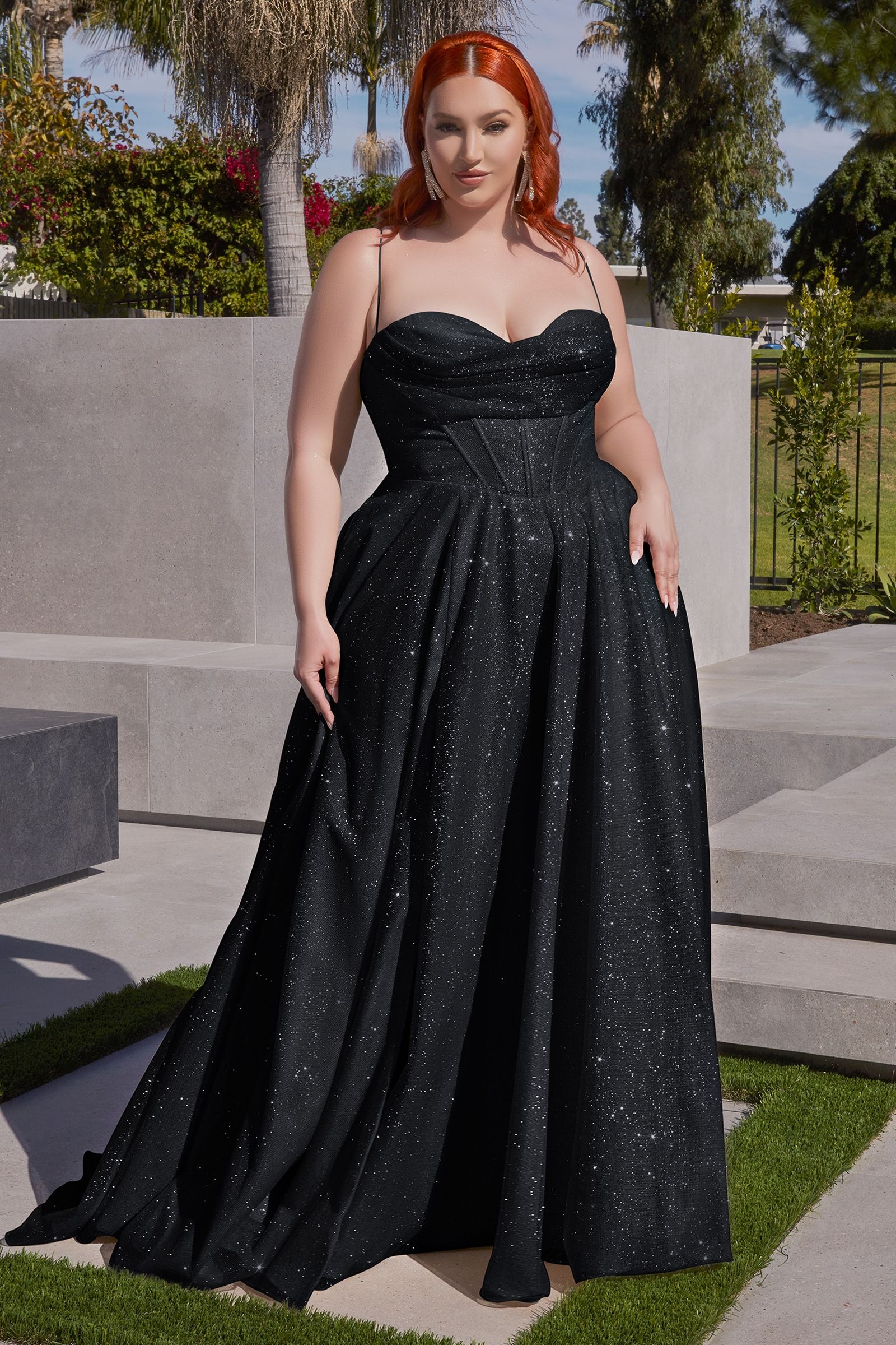 Plus Size Glitter Corset A-Line Gown – Sparkly Sweetheart Formal Dress with Pockets   CDCD252C