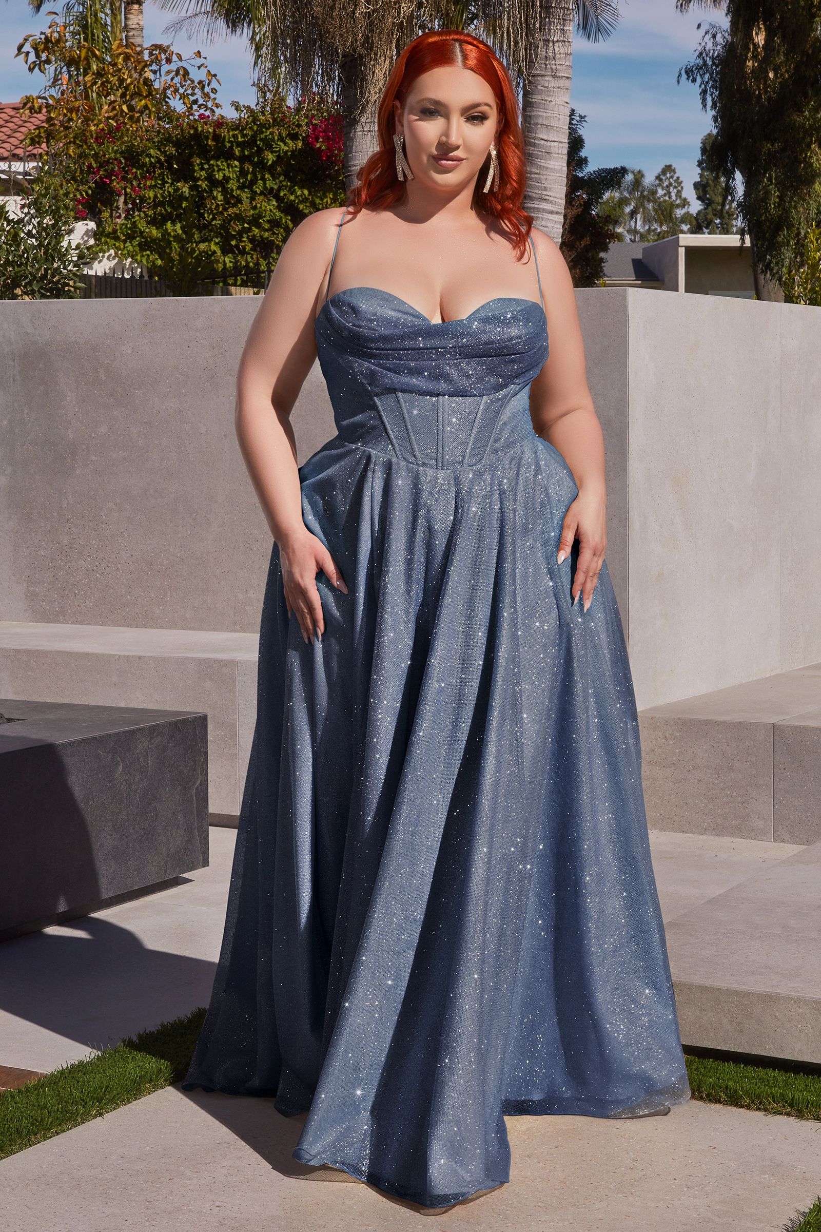 Plus Size Glitter Corset A-Line Gown – Sparkly Sweetheart Formal Dress with Pockets   CDCD252C