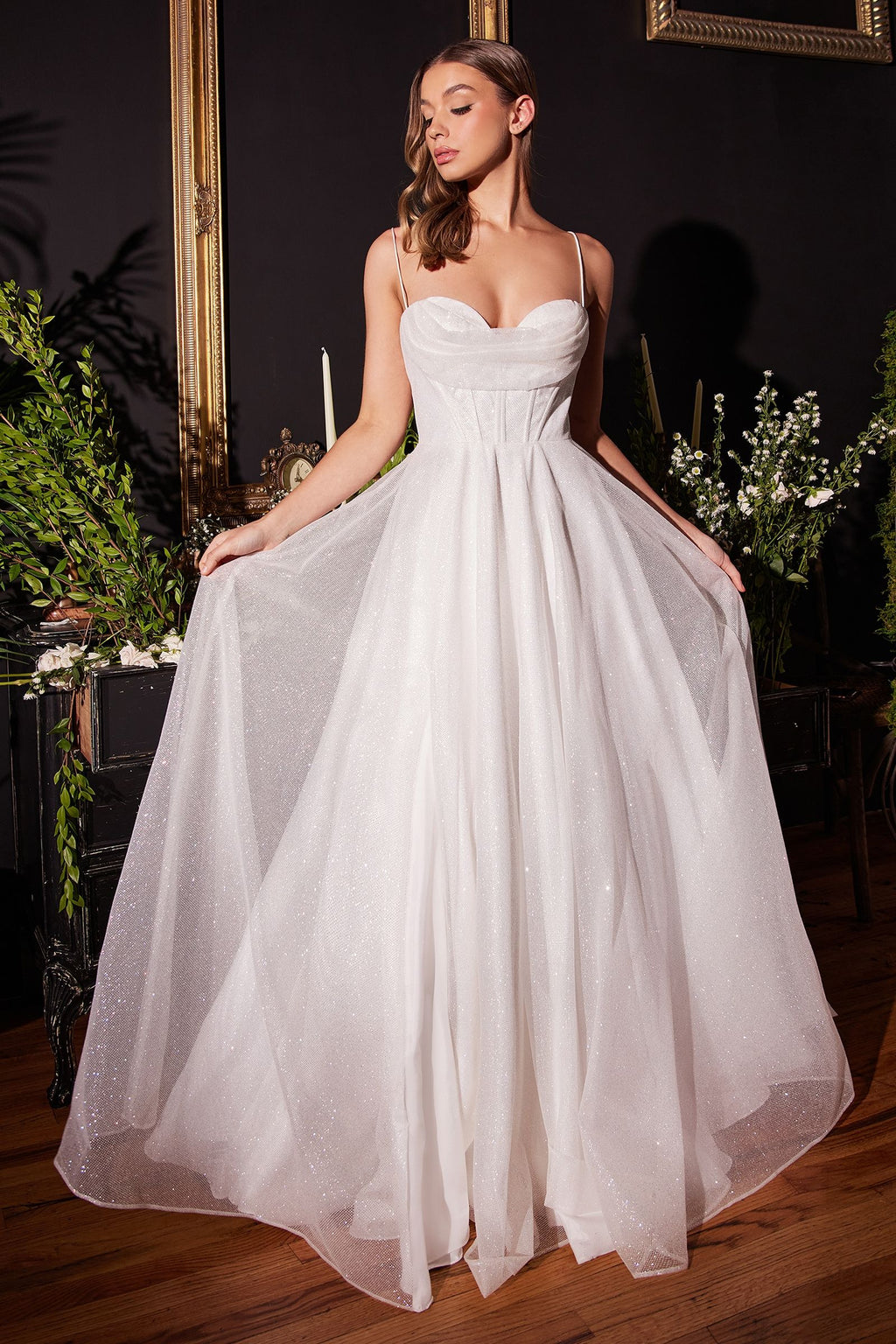 White Glitter Tulle Sweetheart Gown with Spaghetti Straps & A-Line Skirt  CDCD253W