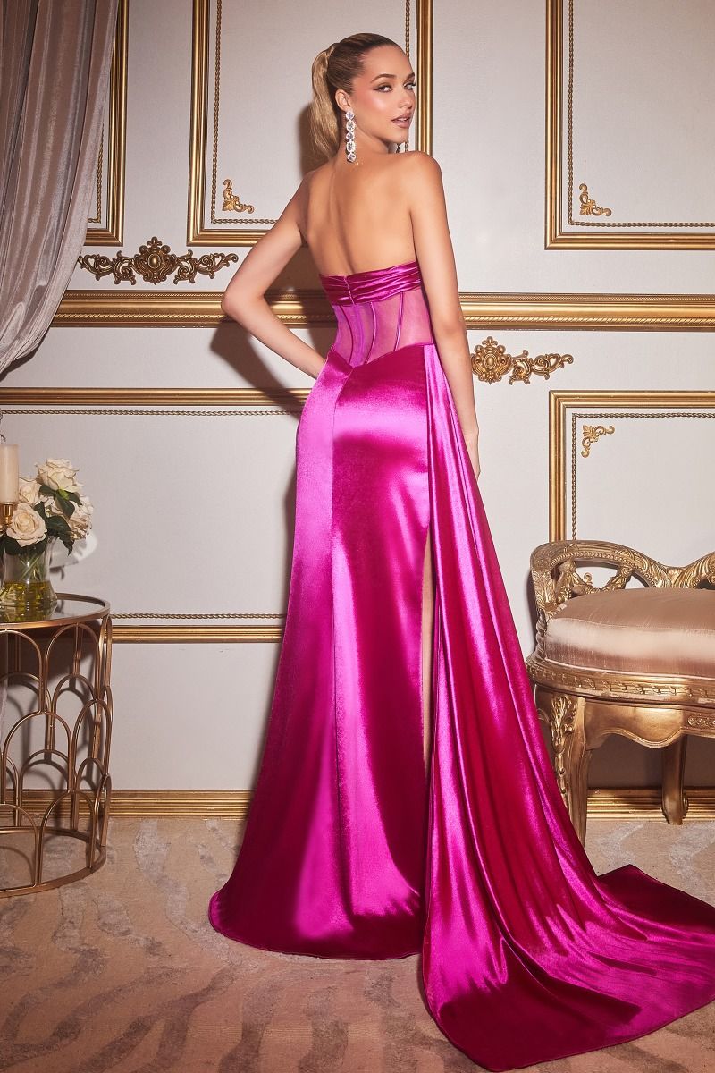Fuchsia, Red, Black Strapless Satin Corset Gown with Side Slit and Train CDCD269