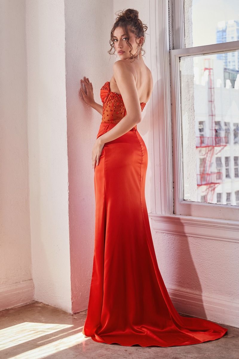 Black, Blue, Yellow, Red Strapless Corset Satin Gown with Slit CDCD295