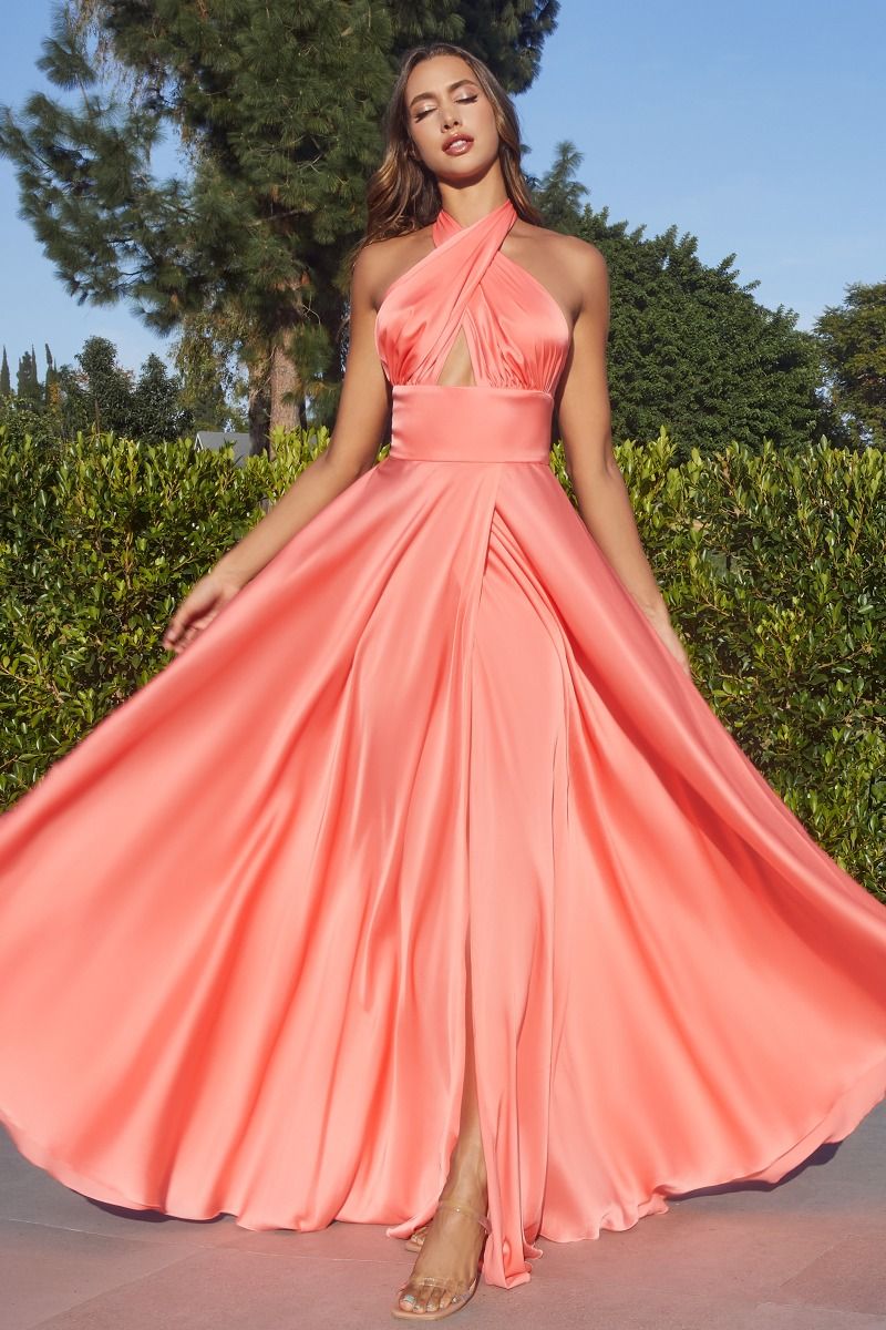 Coral, Red, Emerald, Black | Satin Halter Gown with Keyhole Cutout, Open Back & High Slit  CDCD323