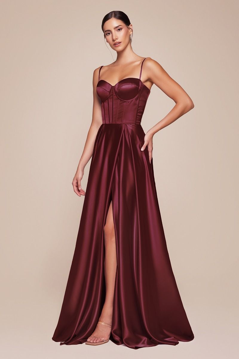 A-Line Satin Bustier Side Slit Long Evening Dress CDCD337