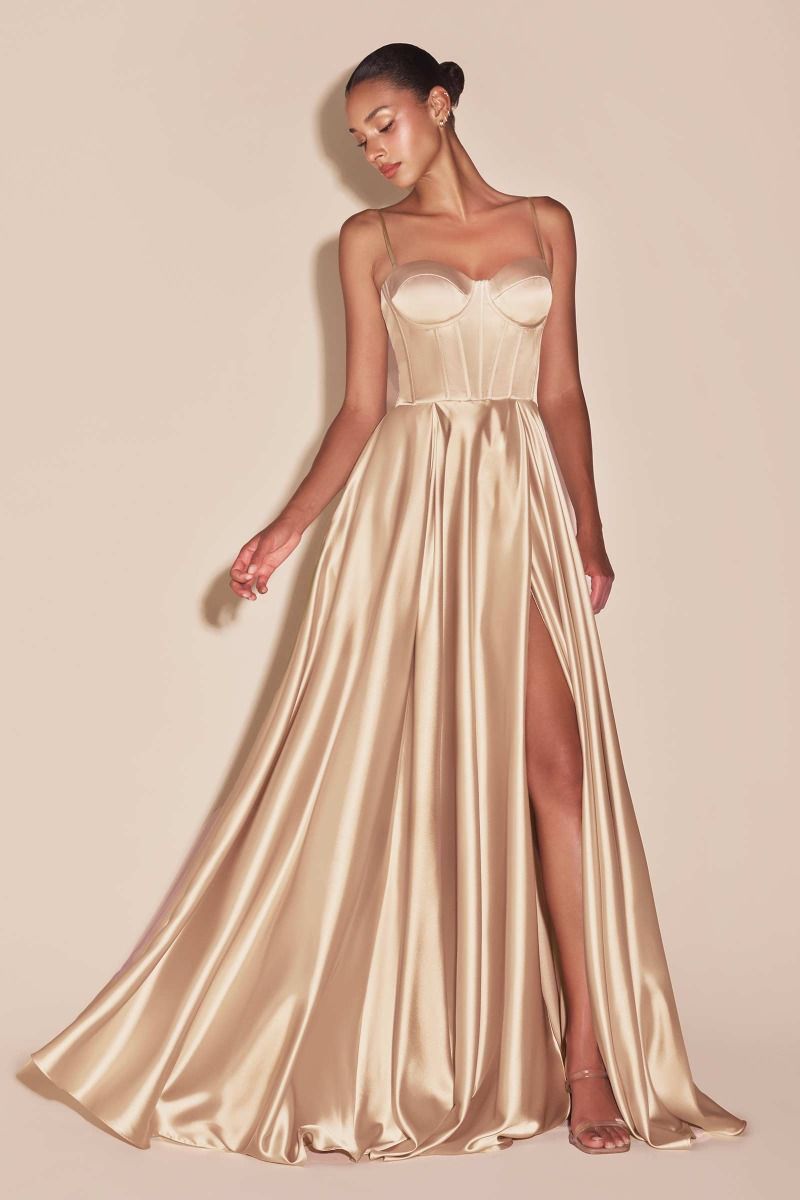 A-Line Satin Bustier Side Slit Long Evening Dress CDCD337