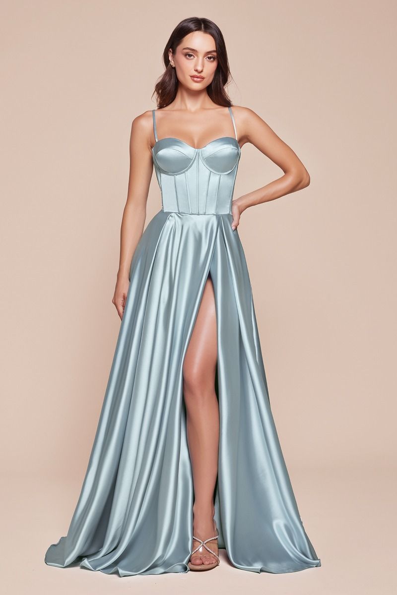 A-Line Satin Bustier Side Slit Long Evening Dress CDCD337