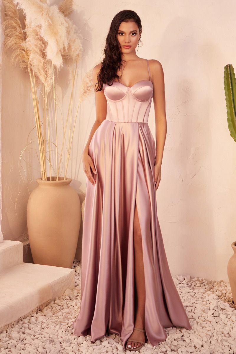 A-Line Satin Bustier Side Slit Long Evening Dress CDCD337
