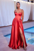 A-Line Satin Bustier Side Slit Long Evening Dress CDCD337