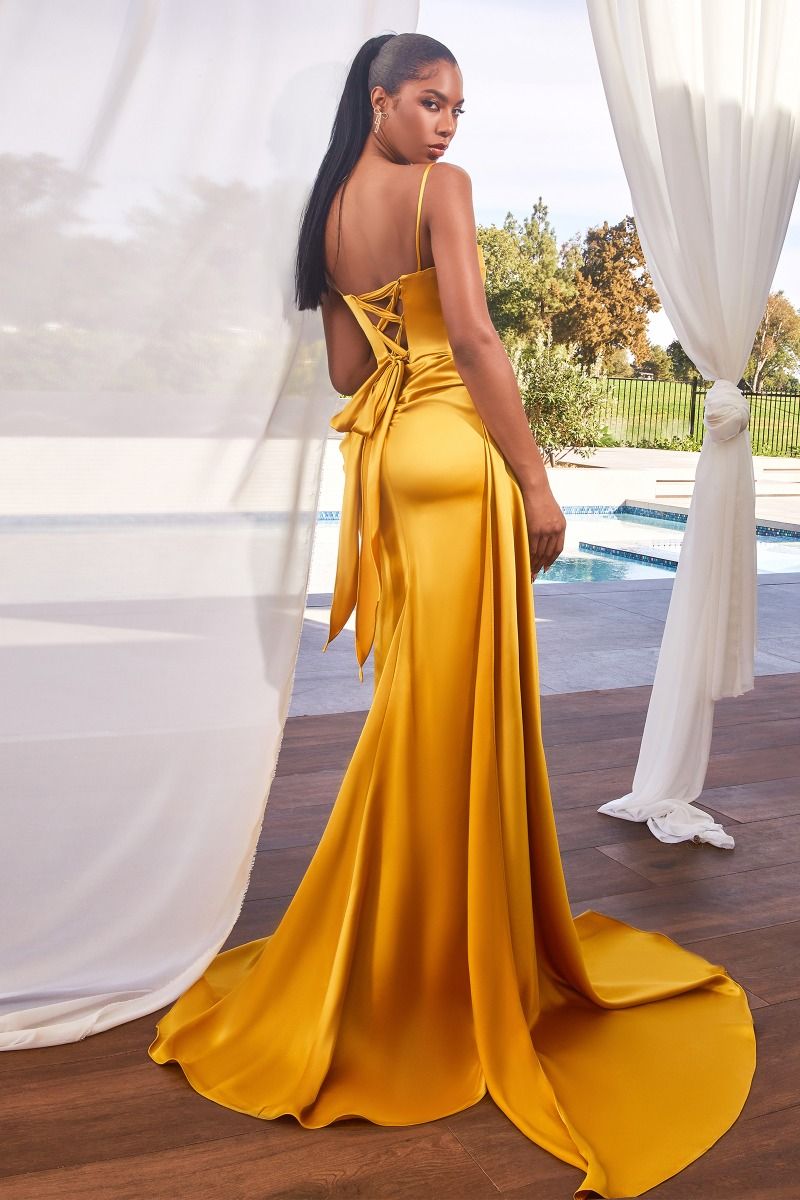 Purple, Gold & Ice Blue Satin Gown with Appliqué Sweetheart Neckline | High Slit Train Dress CDCD340