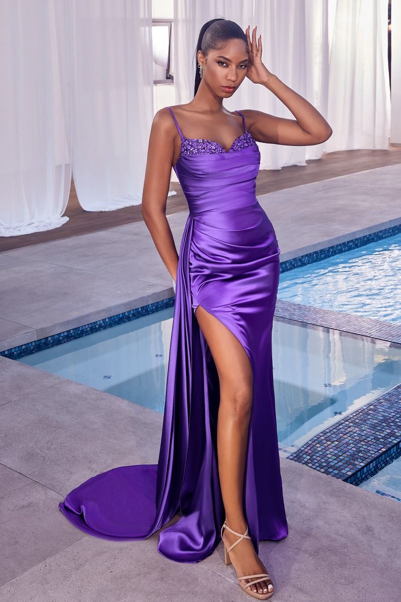 Purple, Gold & Ice Blue Satin Gown with Appliqué Sweetheart Neckline | High Slit Train Dress CDCD340