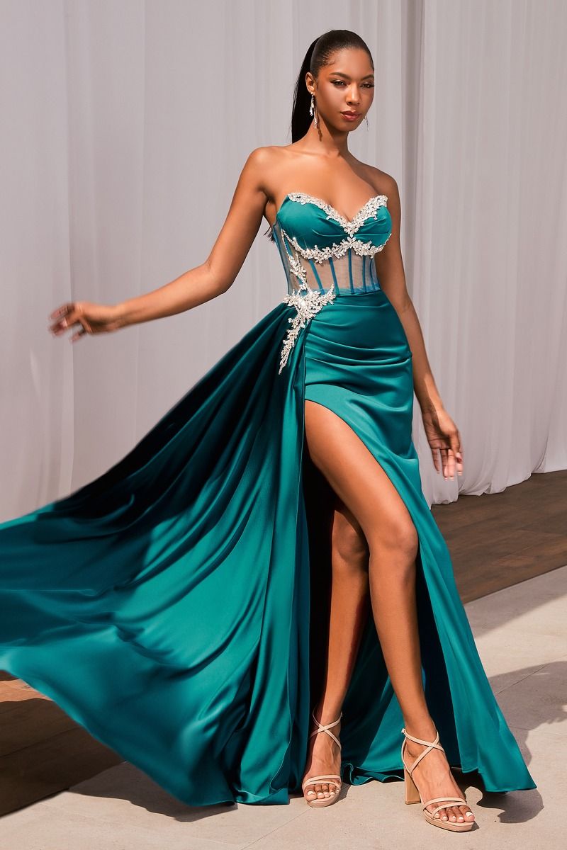 Black, Fuchsia, Teal, Red | Strapless Satin Corset Gown with Sheer Bodice, Rhinestone Appliqué & High Slit  CDCD343