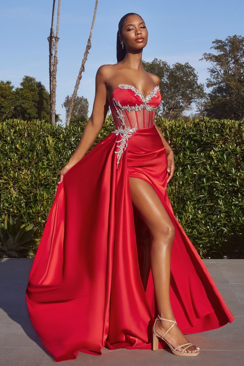 Black, Fuchsia, Teal, Red | Strapless Satin Corset Gown with Sheer Bodice, Rhinestone Appliqué & High Slit  CDCD343